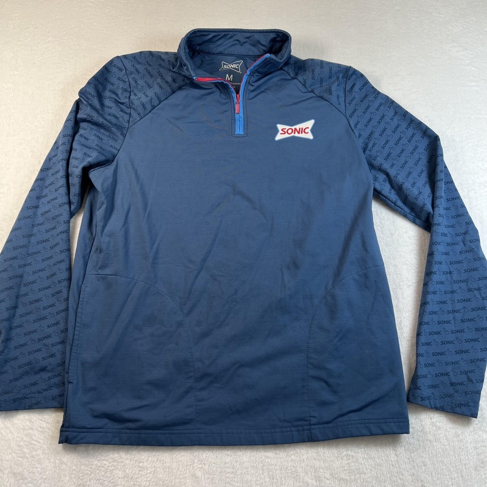 Sonic 1/4 Zip Pullover Mens Medium Blue Long Sleeve Restaurant Logo Uniform